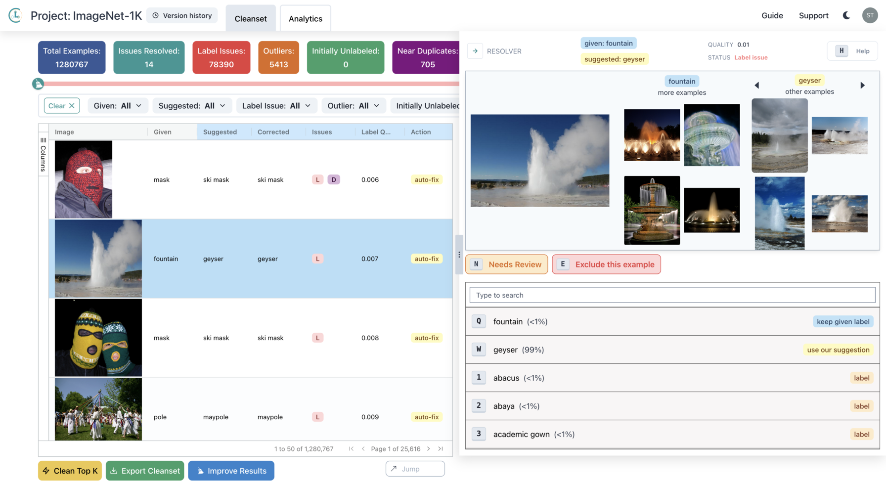 Cleanlab Studio's resolver, an interface for correcting issues in datasets